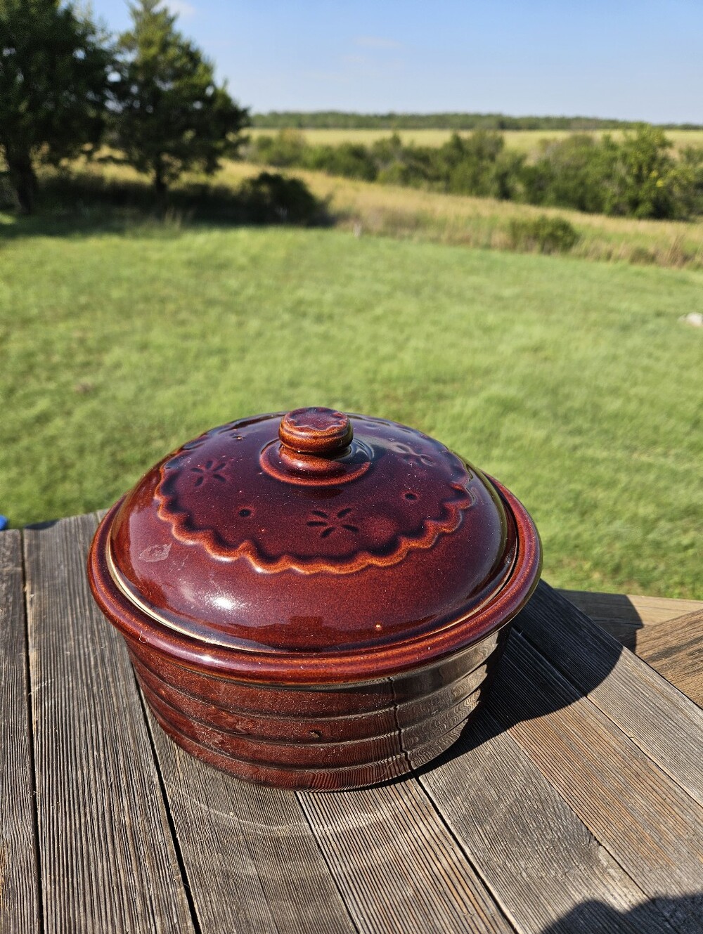 Vtg Marcrest Daisy Dot Brown Stoneware Covered Casserole Dish Farmhouse Bean Pot